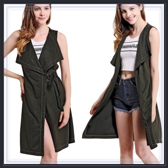 Deep Olive Sueded Sleeveless Midi Duster Vest - Picture 2 of 6